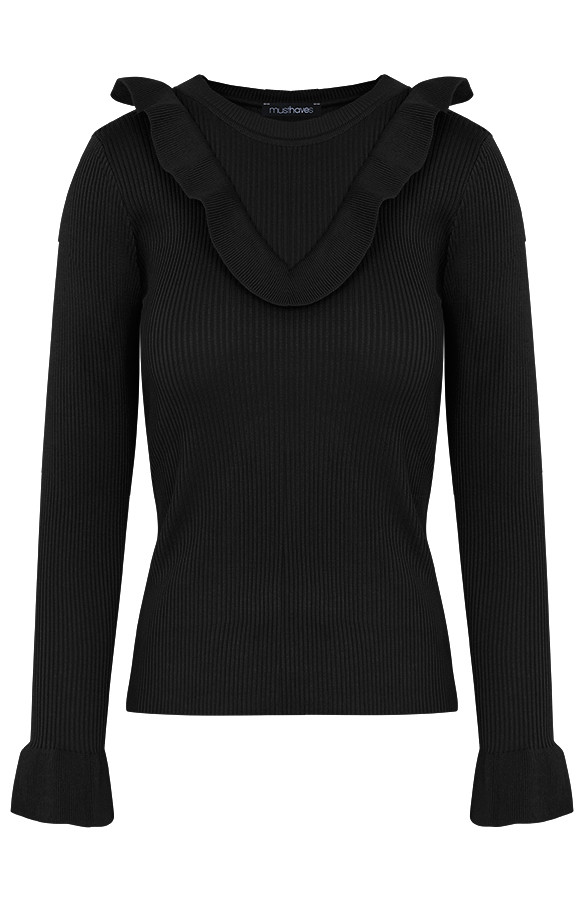 Ruches Trui Zwart | Themusthaves.nl Ruches Mouwen Trui Zwart | Themusthaves.nl