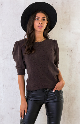 Hartjes Knitted Pofmouwen Top Choco