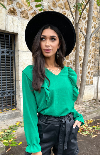 Basic V-hals Ruffle Blouse Bright Green