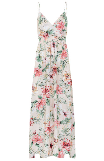 Spaghetti Maxi Jurk Bloemen Palm Beige
