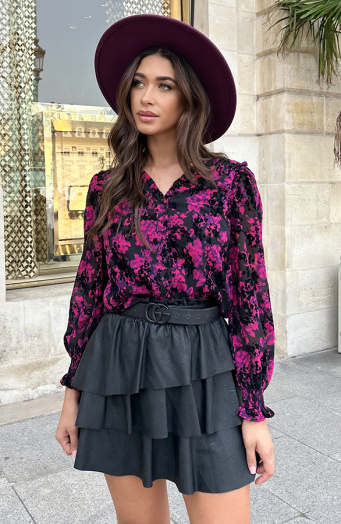Flock V-hals Blouse Met Pofmouwen Zwart