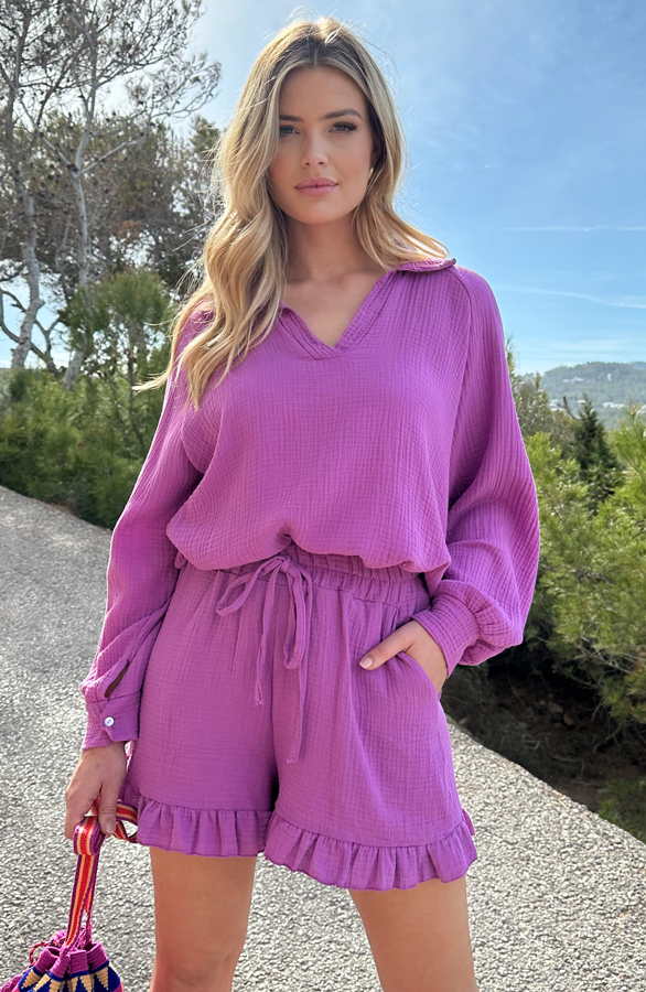 Oversized V-hals Blouse Mousseline Viola