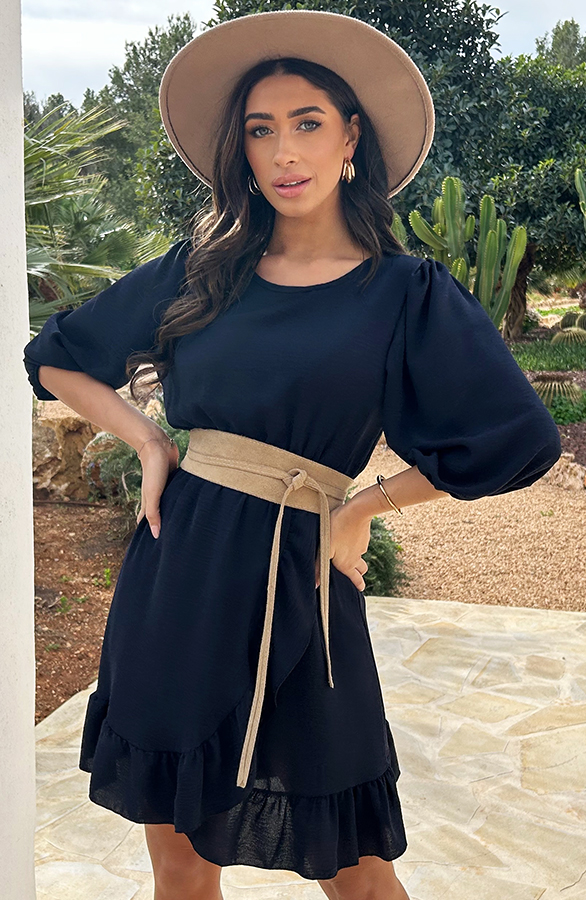 Pofmouwen Ruffle Jurk Marine