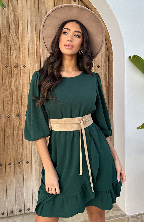 Pofmouwen Ruffle Jurk Smaragd