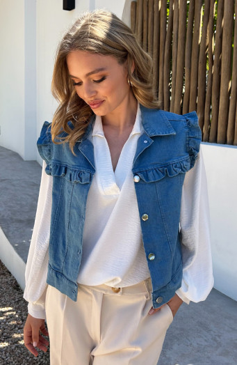 Ruffle Denim Gilet Blue