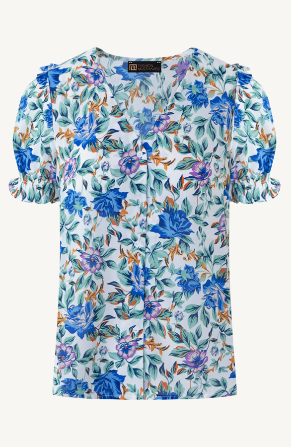 Korte Mouwen Bloemen Blouse Kobalt