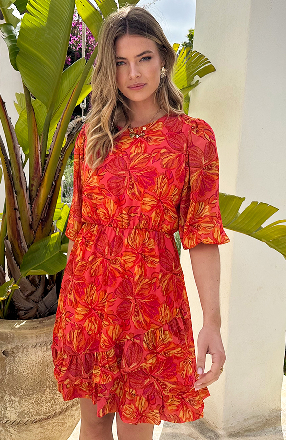 Pofmouw Ruffle Jurk Flower Koraal