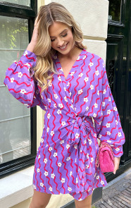 The Musthaves Cotton Wrap Jurk Flower Print Paars