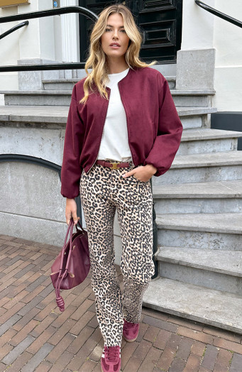 Oversized Suede Bomber Jacket Burgundy