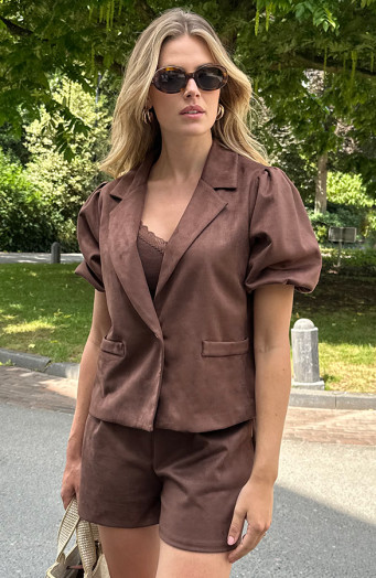 Suede Puff Sleeve Blazer Choco