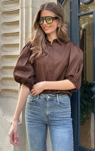 The Musthaves Classic Pofmouwen Blouse Katoen Choco