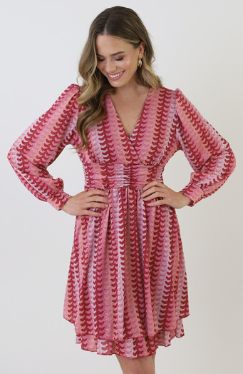 Smocked-Waistband-Lurex-Jurk-Roze-Rood-4