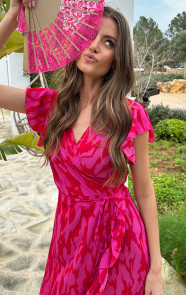 The Musthaves Midi Wikkel Jurk Zebra Fuchsia