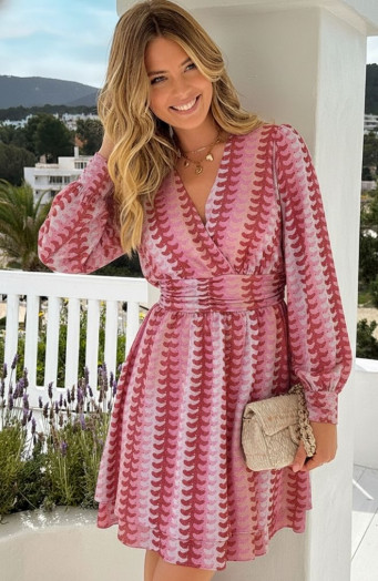 Smocked-Waistband-Lurex-Jurk-Roze-Rood