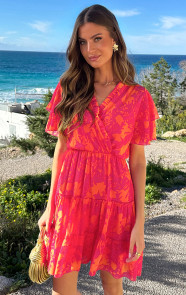 The Musthaves V-hals Ruffle Jurk Print Fuchsia Oranje