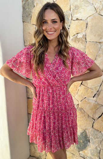 V-hals-Ruffle-Jurk-Print-Roze-7