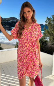 The Musthaves Wrap Jurk Print Roze Geel