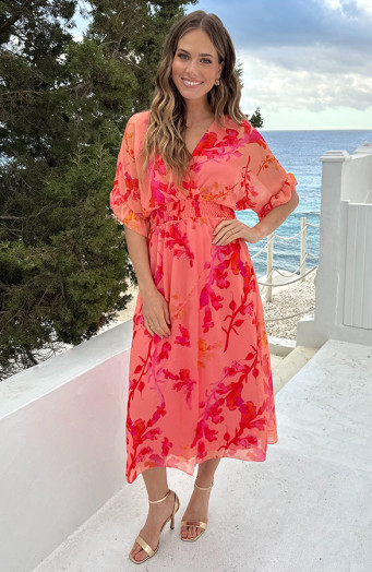 Midi Ruffle Laagjes Jurk Peach Blossom