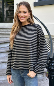 The Musthaves Oversized Strepen Top Katoen Army Zwart