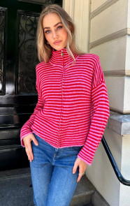 The Musthaves Gestreept Vest Soft Met Rits Fuchsia Rood