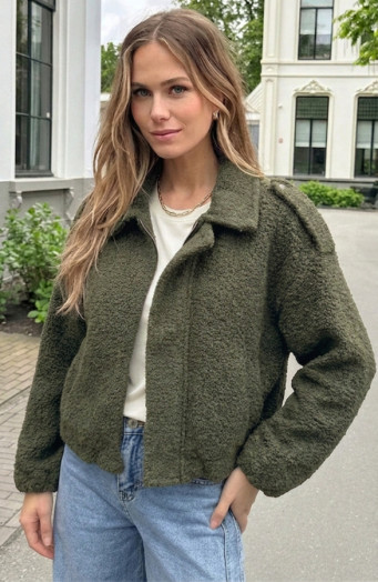 Oversized Boucle Jacket Met Rits Army