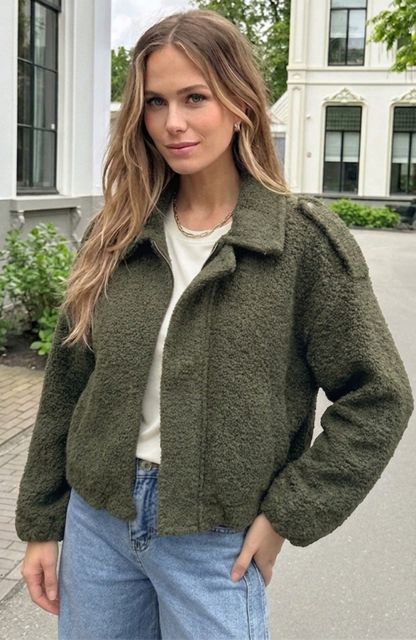 Oversized Boucle Jacket Met Rits Army